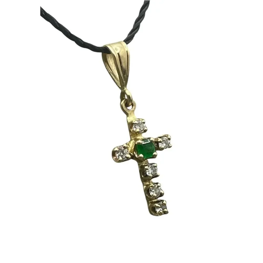 14K Yellow Gold Diamond & Green Stone Mini Cross Charm Pendant (26421)